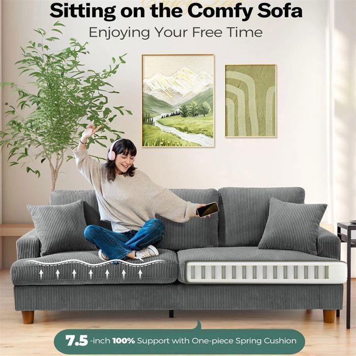 Grand Canapé 3 Places en Velours Côtelé Gris,Canapé Scandinave avec 3 coussins et 2 oreillers pour le salon,220×76×84cm