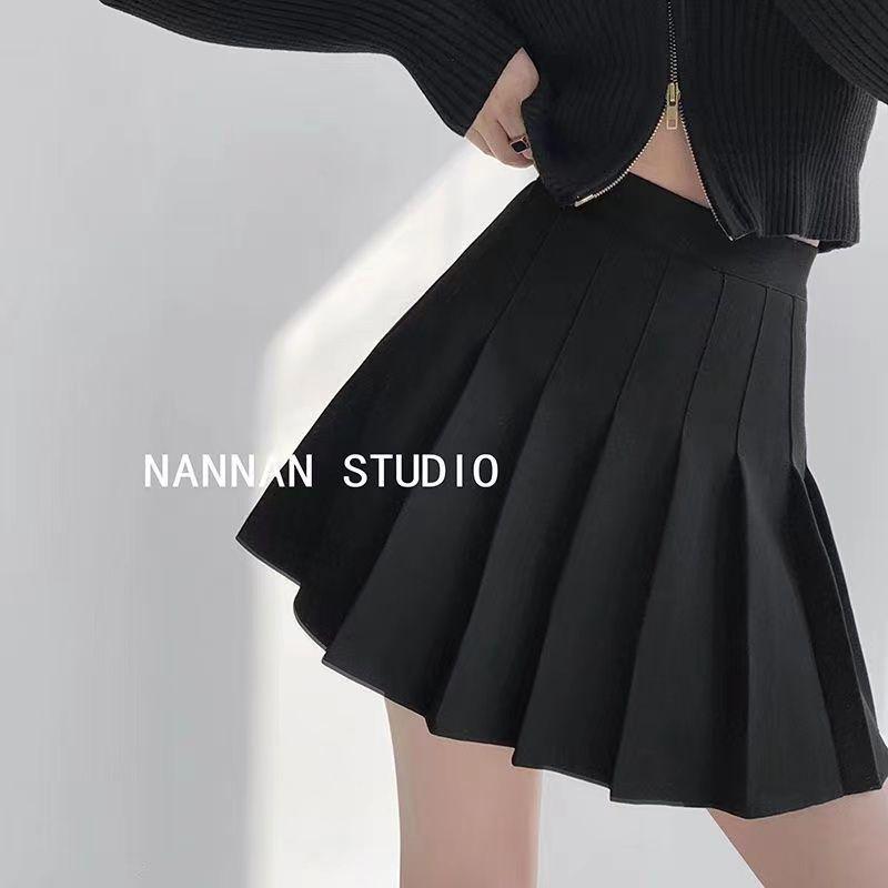 New 2024 Women's High Waist Black Pleated A-line Skirt - Short, Slimming, Summer to Autumn Style
