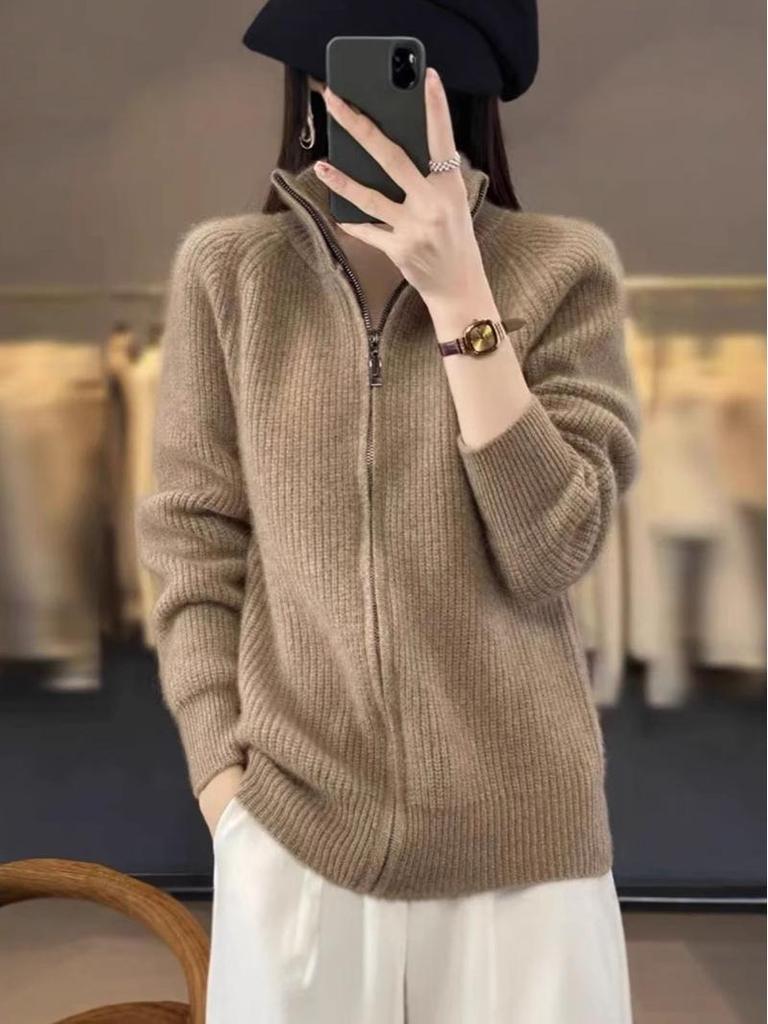 Dámský silný pletený kardigan na zip - Volný, ležérní styl, univerzální svetr z umělé vlny
