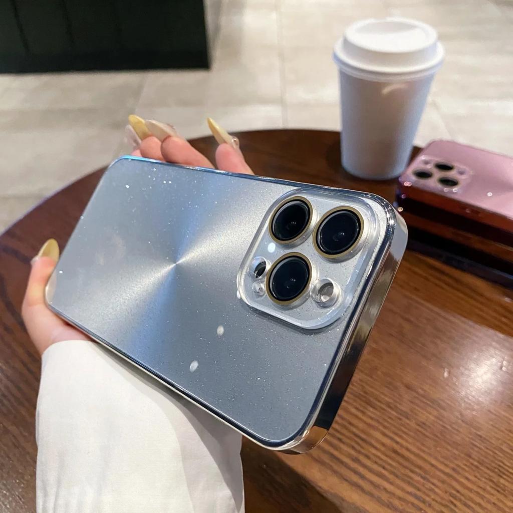 Luxury AG Plating Bling Glitter Glass Lens Protection Case For iPhone 16 15 14 Plus 13 12 11 Pro Max Laser Aurora Pattern Cover
