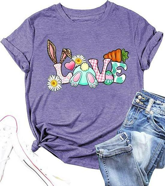 

Женская модная футболка из чистого хлопка с принтом «LOVE» и пасхальным кроликом XL