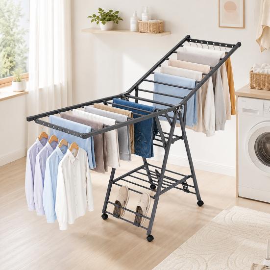 Space Saving Drying Rack Heavy Duty Foldable Floor-standing Clothes with Wheels & Shoe Rack Wing Type Sturdy 200lbs Capacity Portable Collapsible