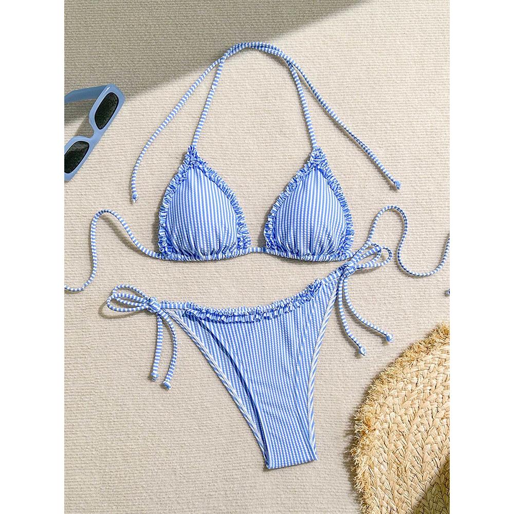 

Сексуальное бикини 2026 Женский купальник Отпуск Полосатый пэчворк Оборка Бикини Комплекты Лето Женская пляжная одежда Купальник M