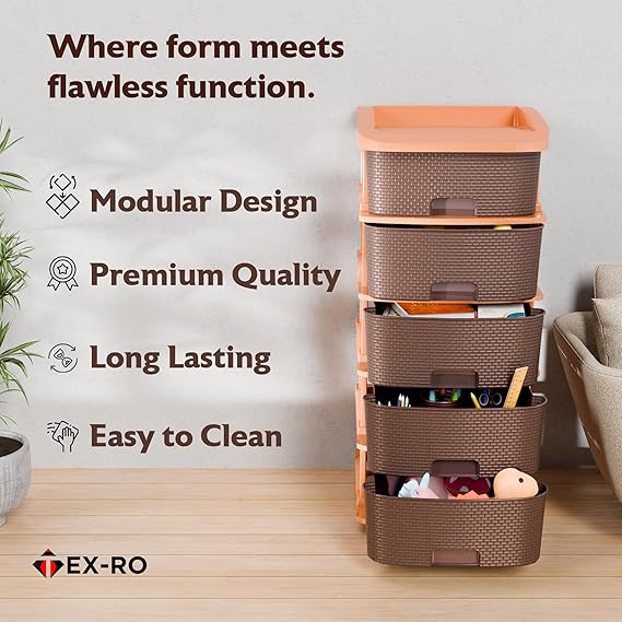 Plastic Modular Drawer Storage Chest Of Drawers Organizer Storage Box, Large Stomo Racks For Multipurpose Anti-slip Shoes Organizers | Brown | 5 Layer