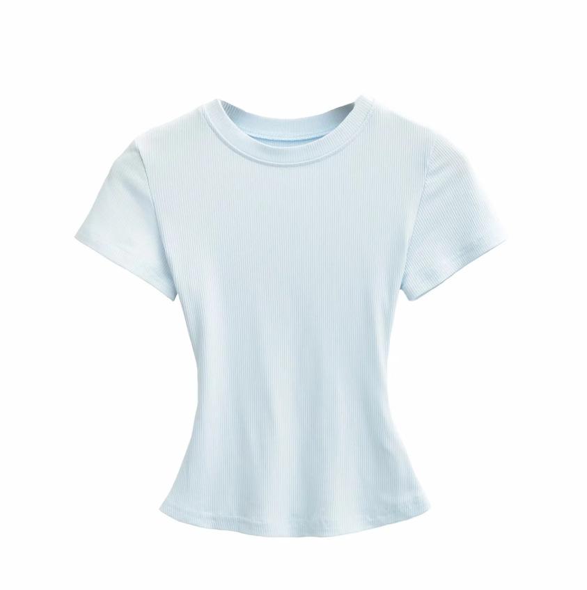 Summer New Female American Spice Girl Solid Color Crew Neck Short Sleeve T-Shirt Basic Threaded Bottom Top