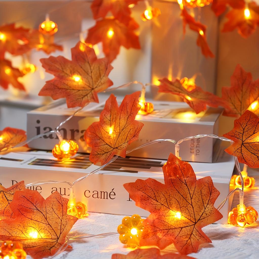 1 Pack LED Battery-powered 3D Illuminated Maple Leaf and Pumpkin Garland Lights, Warm White and Multicoloured Autumn Leaves