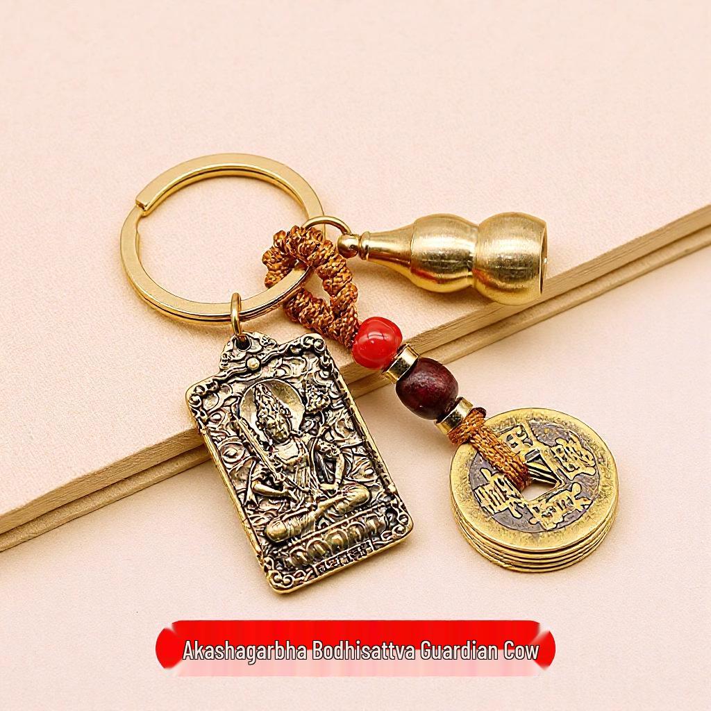 Brass Zodiac & Guardian Deity Buddha Square Pendant Keychain Charm