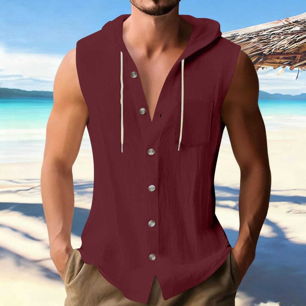Men's Casual Sleeveless Shirt Cotton Linen Hooded Fashionable  Color Loose Vest Top