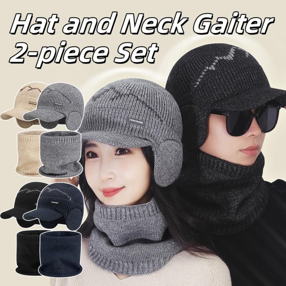 2Pcs Set Windproof Sheep Wool Scarf Plush Winter Autumn Hat with Earflap  Outdoor