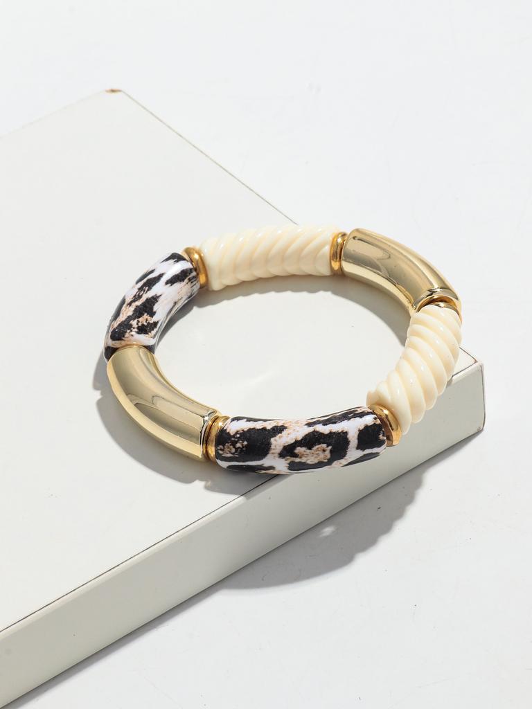New Acrylic Bamboo Curved Tube Couple Bracelets for Women Men Leopard Resin Chunky Elbow Beads Elastic Bangle Stack Jewelry Gift