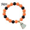 Halloween Elastic Beaded Bracelet for Women, Orange Black Beads Stretch Stylish Holiday Accessory Girls with Ghost Charm, Stackable Party Handmade