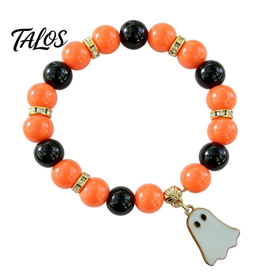 Halloween Elastic Beaded Bracelet for Women, Orange Black Beads Stretch Stylish Holiday Accessory Girls with Ghost Charm, Stackable Party Handmade