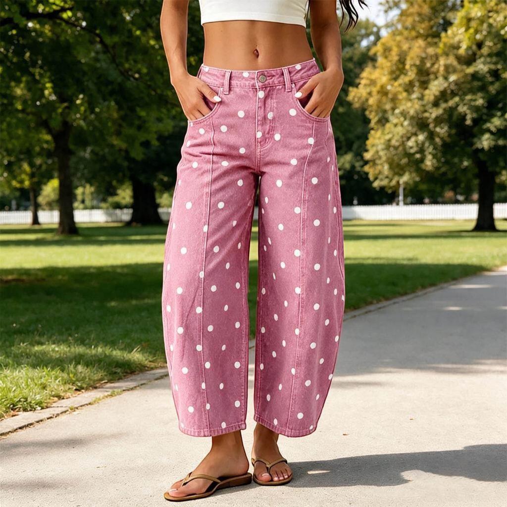Women's Polka Dot Cropped Jeans Loose Fit Mid Curved Leg Casual Denim Pants