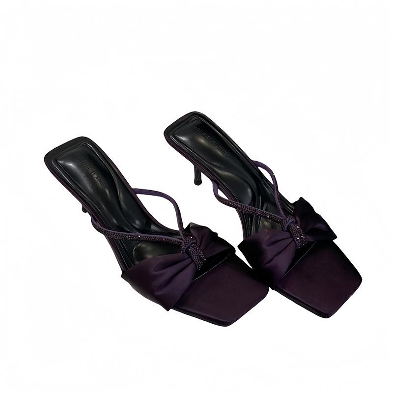 Purple satin rhinestone word with sandals women's summer new bow open-toed wear high heels cool slippers