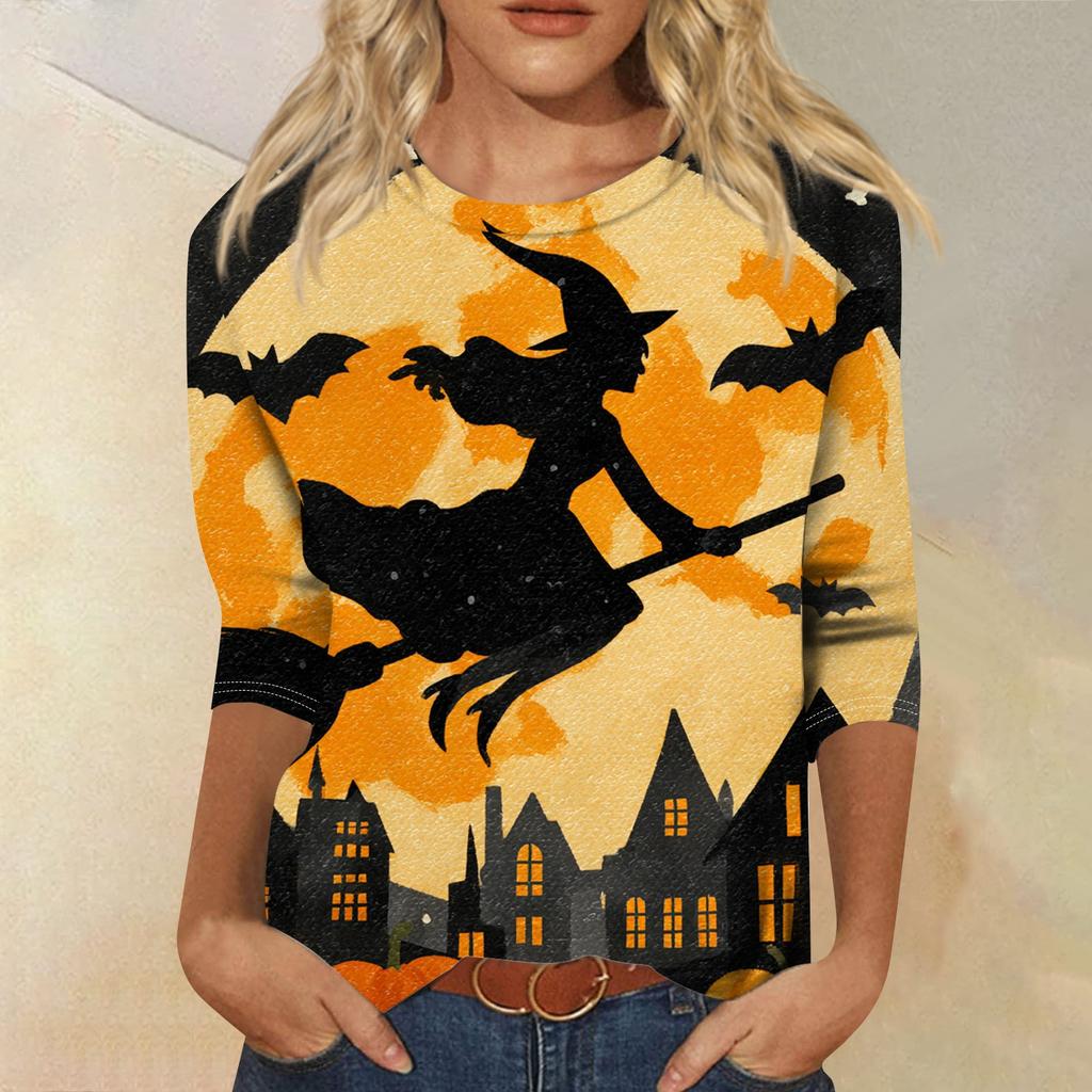 Women's Fashion Casual Round Neck Three-quarter Sleeve Halloween Printed T-shirt Top