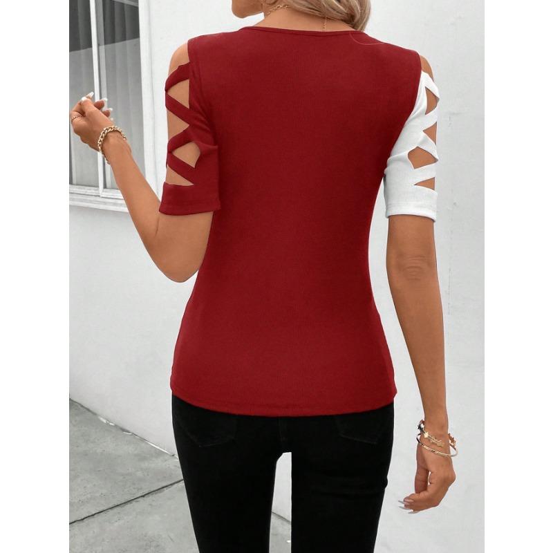 Women's Fashion Casual Summer Spring Colour Block Print Short Sleeve O-Neck Blouses & Shirts