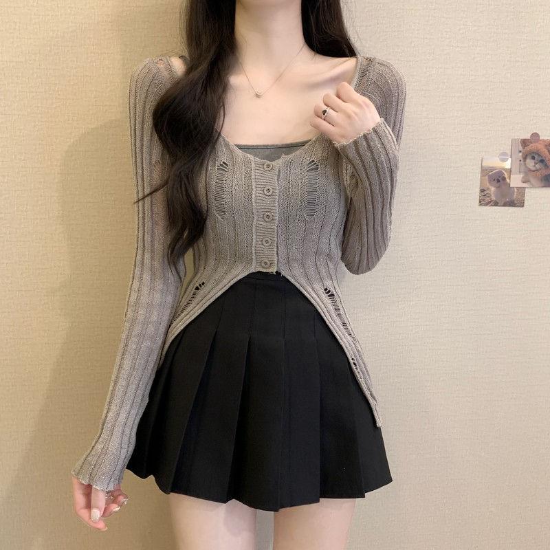 Gray Ripped Split Long Sleeve Knit Cardigan Women's Summer Thin Slightly See-Through Slim-Fitting Stylish Niche Top