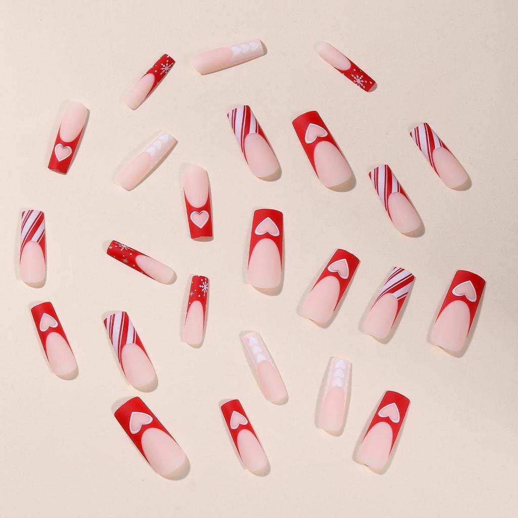 Matte Red & White Stripe Snowflake Detachable Fake Nails - Christmas Heart Design