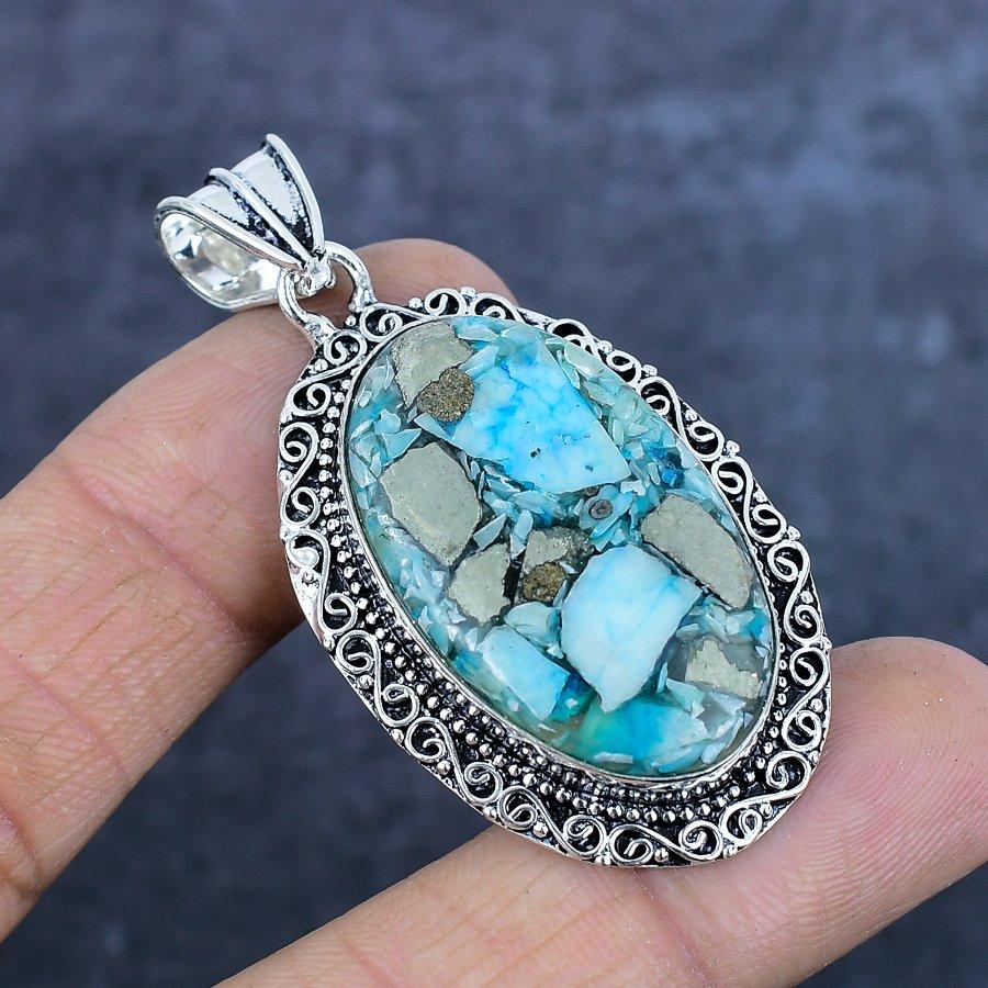 Natural Copper Blue Turquoise 925 Sterling Silver Jewelry Pendant 2.29" V7V29