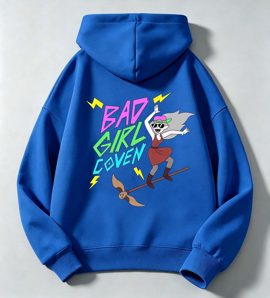 Latest color print of bad girl witch broom on children's hooded sweatshirt.Teenage loose oversized retro cartoon pullover hoodie