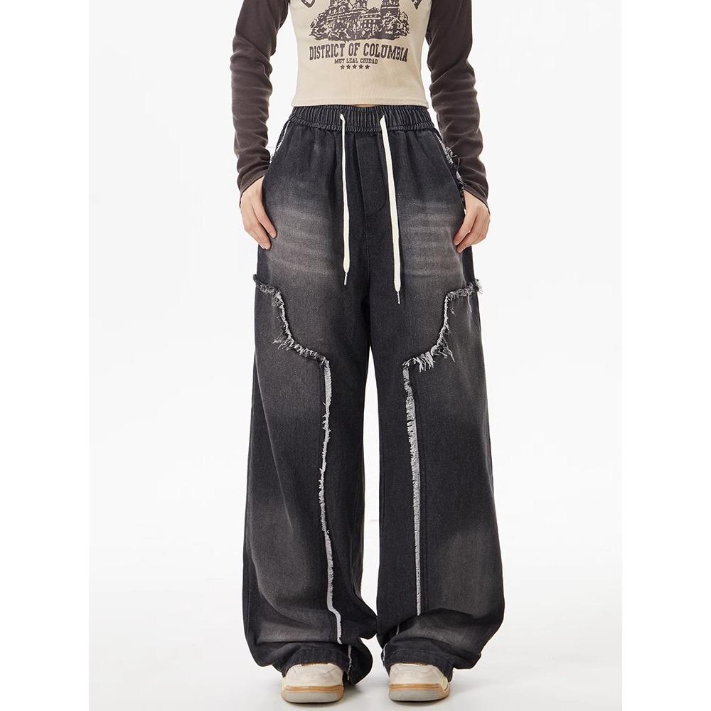 

Women s American Retro Blue Wash Jeans, 2025 Spring/Autumn, Slimming Loose Fit, Straight Wide-Leg, Raw Hem. M чёрный