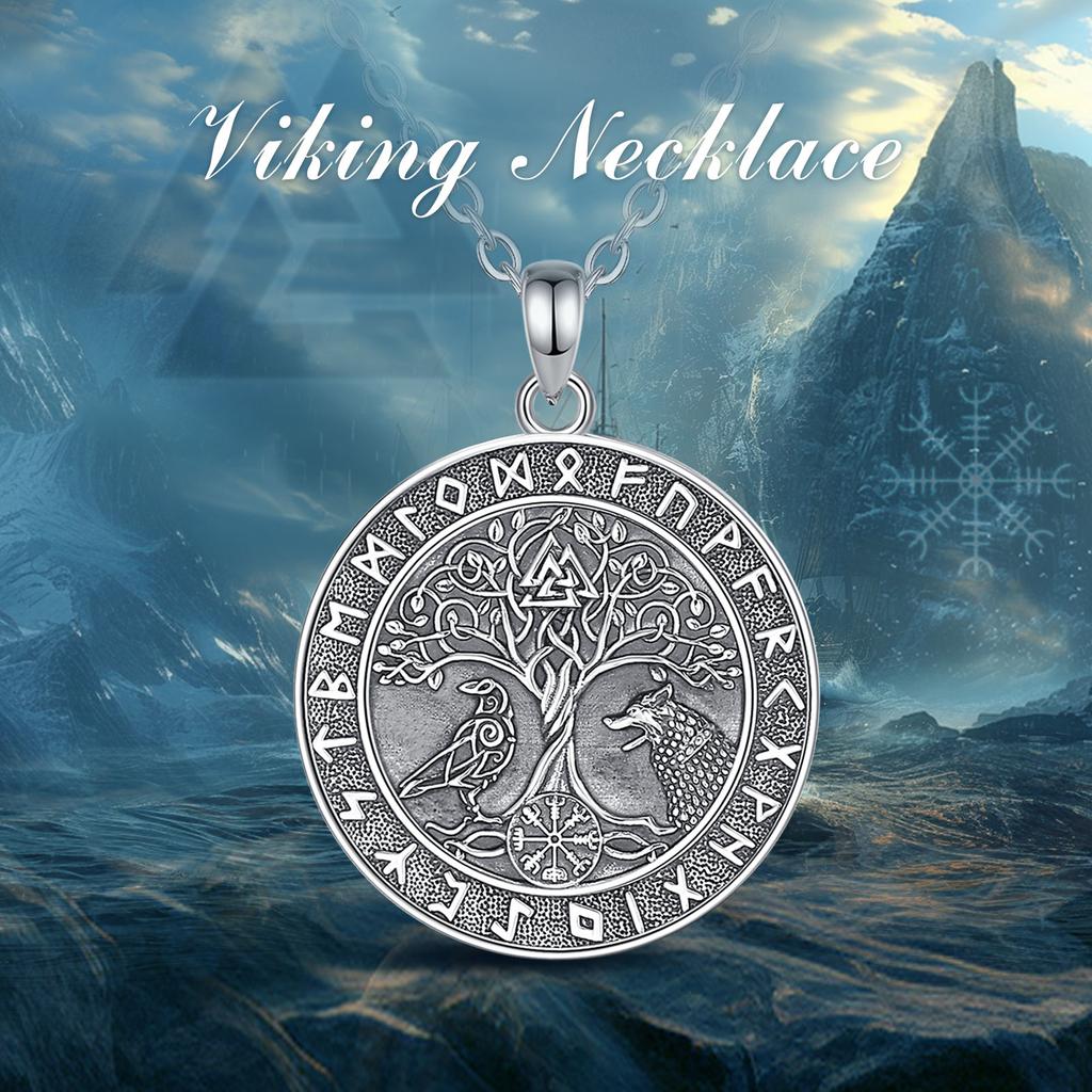 Eudora 925 Silver Viking Wolf Crow Necklace for Women Man Compass Tree of Life Runes Amulet Pendant Personality Jewelry