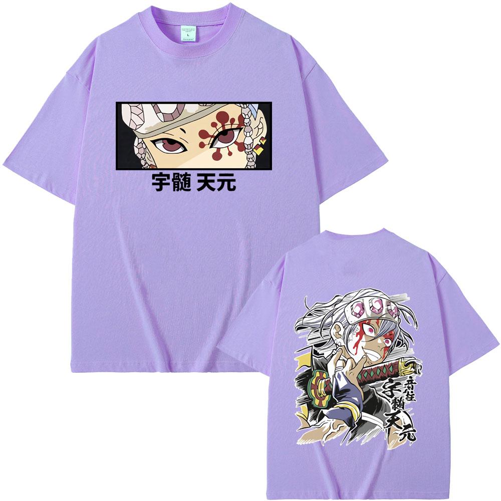 Anime Demon Slayer Uzui Tengen Double Sided Graphic Tshirt Men Women Casual Oversized Crewneck T-shirt Male Vintage Streetwear