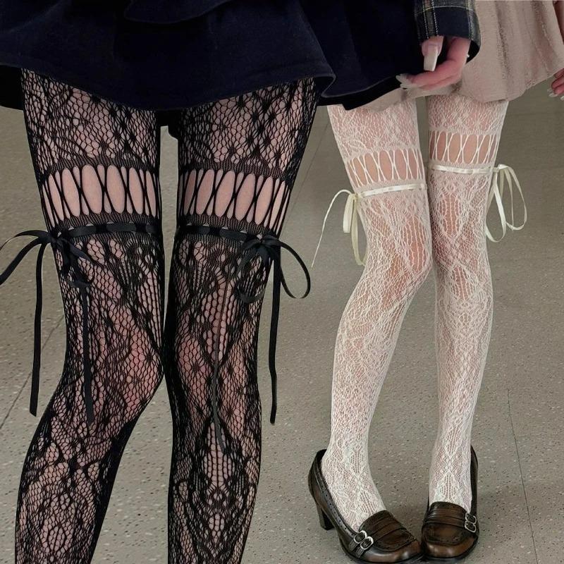Lolita Lace Fishnet Suspender Socks for Women Sexy Nylon White Mesh Thigh High Stockings White Tights Open Crotch Pantyhose