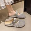 2025 Summer Baotou New Belt Buckle Half Slippers Women Wear Flat Bottom One Word Belt with Skirt Fishing Net Cool Slippers
