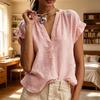 Damenbluse V-Ausschnitt Rüschenstickerei Kurzarm Tops