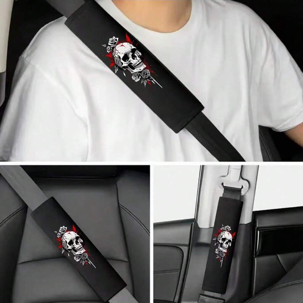 2PCS Skull Pattern Car Shoulder Protection Belt Car Safety Belt Protective Cover Soft and Comfortable Shoulder Protection Cover