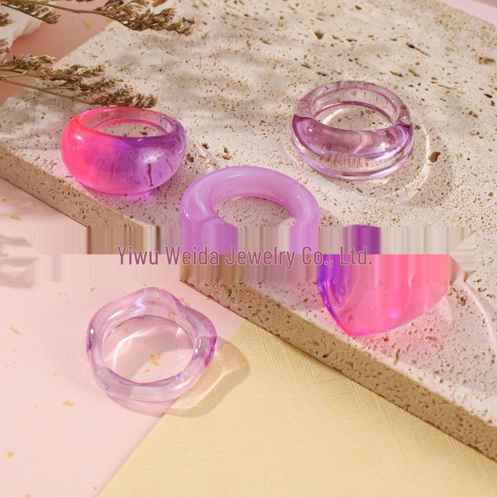Fünfteiliges, farbenfrohes, unregelmäßiges Ring-Set aus Acrylharz für Damen – minimalistisches Nischendesign