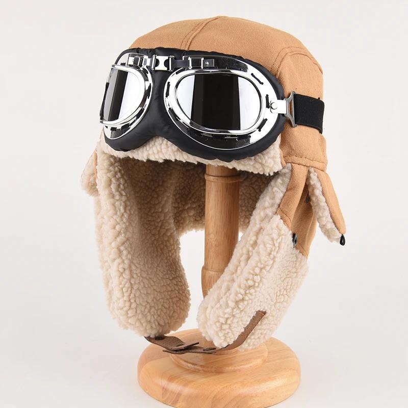 

Шапка пилота, мужская зимняя утолщенная парусиновая шапка для защиты глаз, женская теплая кашемировая ветрозащитная шапка для защиты ушей, катание на лыжах