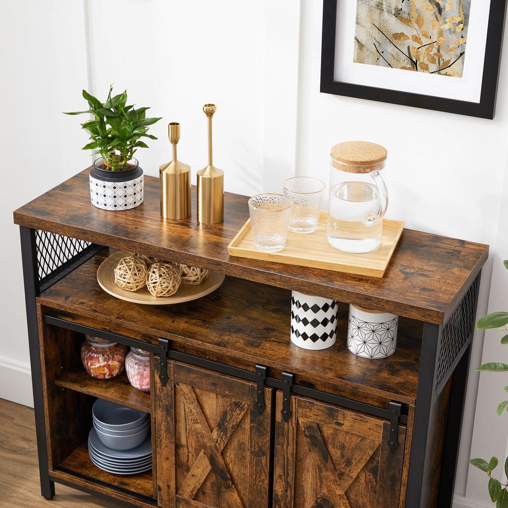 VASAGLE Dining Sideboard, Kitchen Cupboard, Storage Cabinet, Buffet Table with Sliding Barn Doors, Adjustable Shelf, Industrial, for Living Room