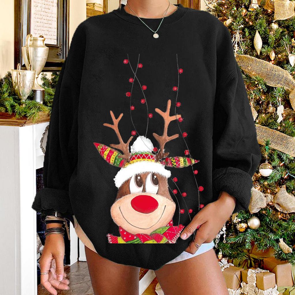 Women's Christmas Reindeer Print Round Neck Hoodie