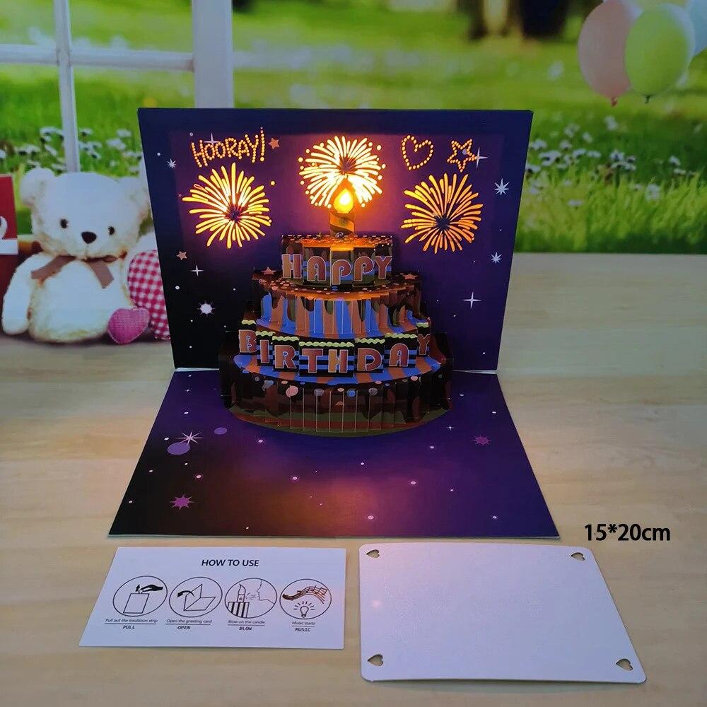 1pcHappy Birthday Card Fireworks 3D Pop Up Cake Light and Music Happy Birthday Card Gift Greeting Card for Husband Kids Wife Mom