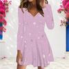 Women Plus Size Light Purple Printed V Neck Long Sleeve A Line Dress
