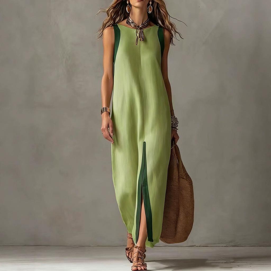 Vestido Casual Suelto de Manga Corta con Cuello Redondo, Dobladillo Dividido y Bloques de Color para Uso Diario, Oficina, Salidas de Vacaciones, Playa