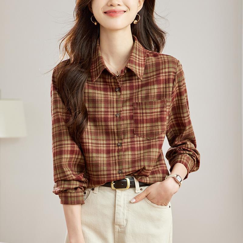 Classic Style Grinding Plaid Thick Blouse for Womens Spring Clothes Latest Versatile Lapel Long-sleeved Cardigan Blouse