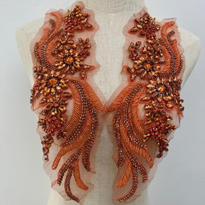 

1Pair Multi-color Handmade Sewing Beaded Crystal Floral Lace Applique for Wedding Veil Gown Diy Clothing Decoration Accessories 37x28cm