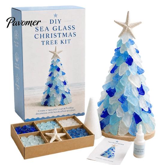 Sea Glass Art Projects for Adults DIY Christmas Tree Kit, 3D Coastal Xmas Craft Kit Creative Relaxing Holiday Activities with Pieces, Handmade