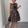 Women Leopard Print 3d Flower Decorated Sleeveless Loose Pleated Summer Dress