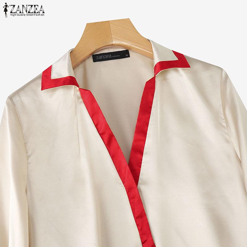 ZANZEA Women Casual V-Neck Loose Long Sleeve Satin Blouse