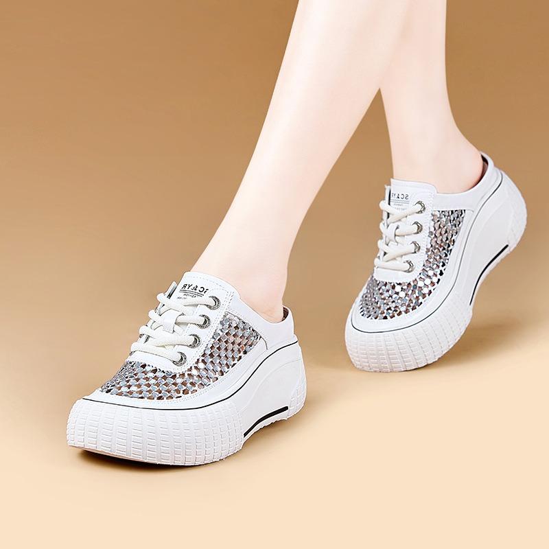 Summer rhinestone mesh breathable little white shoes women's popular mesh thick sole heightening muffin bottom casual half tray