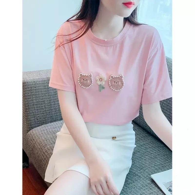 Bear White Cotton Short-sleeved T-shirt for Women Summer New Pearl Design Niche Unique Top