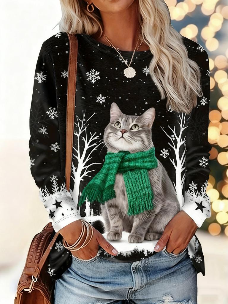 Christmas-themed women's snowflake and kitten print round neck long-sleeved T-shirt, festive black and white casual loose top