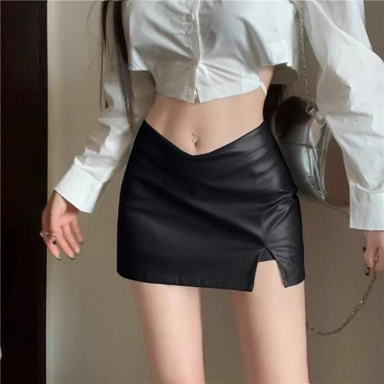 

Spicy Girl V-Waist High-Waisted PU Leather Bodycon Mini Skirt With Side Slit - Hong Kong Style 2XL