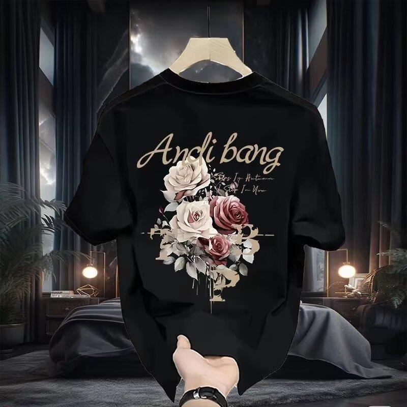 Mens Fashion Rose Printed Round Neck Short Sleeve Slim Fit Casual T Shirt S чёрный