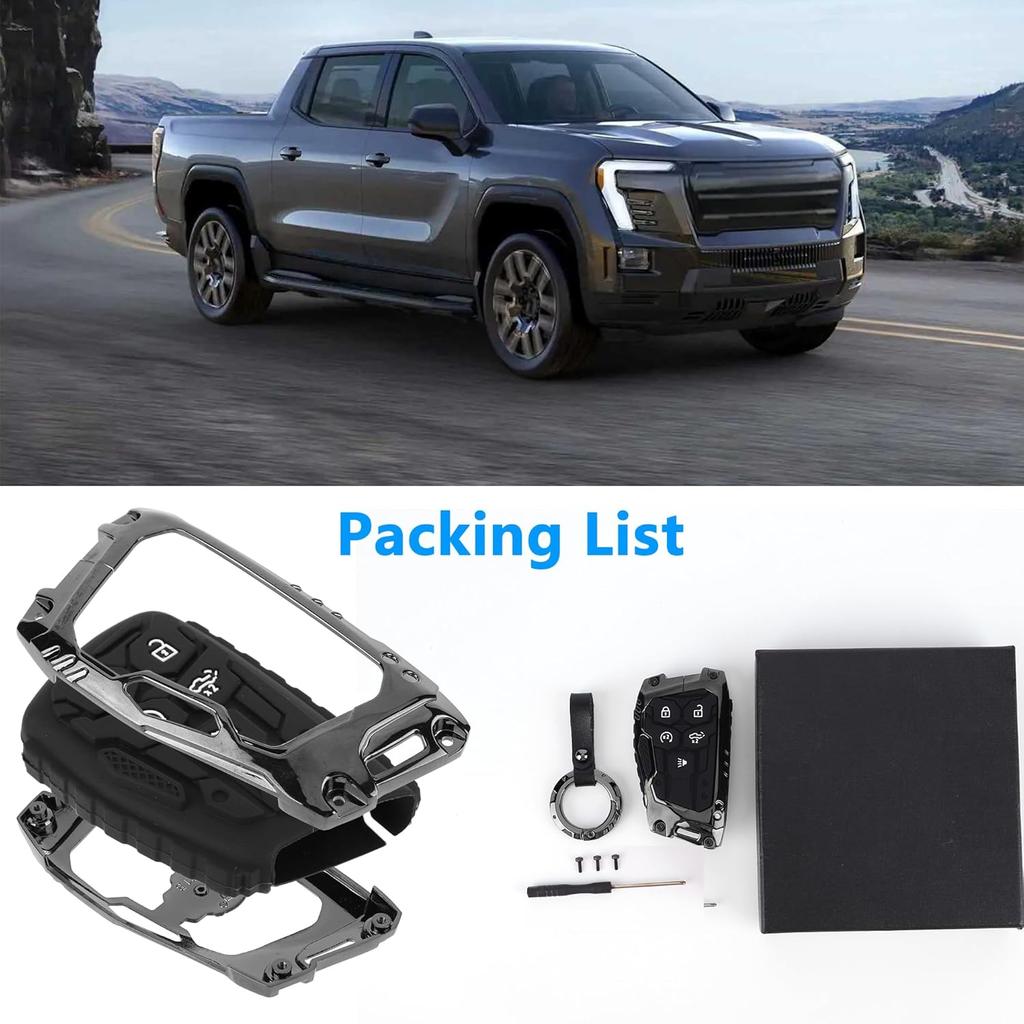 Key Fob Cover For Chevy Silverado GMC Sierra 1500 2500HD 3500HD (–2025), 5-Button Key Case With Keychain, Heavy Zinc Alloy Metal Protector