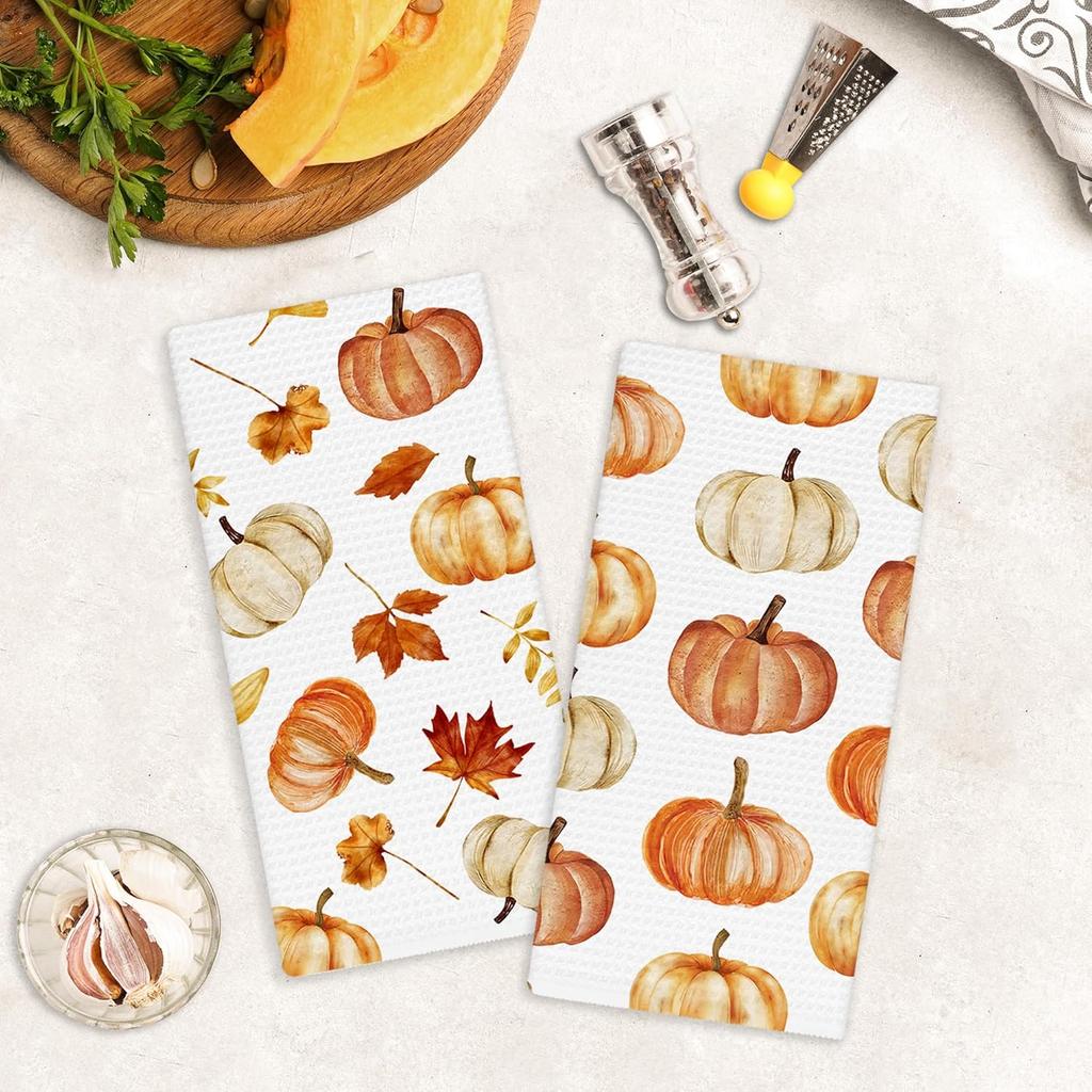 Fall Pumpkin Maple Leaves Towels, Farmhouse Autumn Pumpkin Hand Towels for Bathroom Decor, Rustic Fall Harvest Thanksgiving Dishcloths Dish Towel for